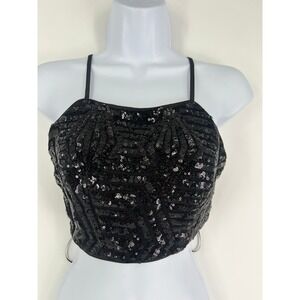 Miss Avenue M Black Sequin Geometric Crop Top Spaghetti Strap Square Neck